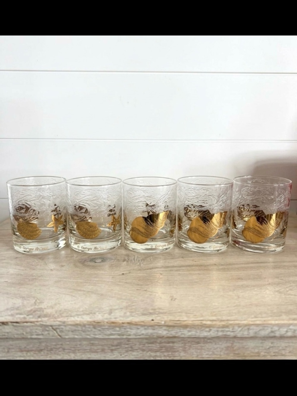 Georges Briard- Set of 5- Gold Shell Marine Theme vintage Lowball whiskey glass